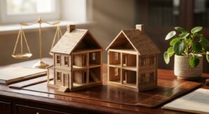 שני דגמי בתים מעץ על שולחן משרדי לצד מאזני צדק, המייצגים דיני מקרקעין וחלוקת רכוש.