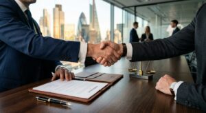 לחיצת יד בין אנשי עסקים ועורכי דין מעל מסמך חוזה משפטי ומאזני צדק על שולחן חדר ישיבות
