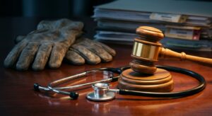 פטיש שופט מעץ, סטטוסקופ רפואי וכפפות עבודה מונחים על שולחן עץ, מסמלים תביעות רשלנות רפואית ותאונות עבודה