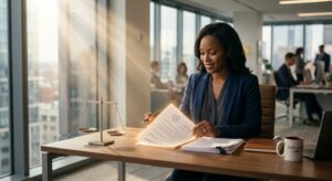 עורכת דין מקצועית מחייכת בוחנת חוזה משפטי במשרד עורכי דין מודרני ומואר, כשעל שולחנה ניצבים מאזני צדק וערימת מסמכים