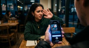 צילום ללא הסכמה: אדם מחזיק סמארטפון עם פוסט מוכן לשיתוף ברשת חברתית, המציג אישה בבית קפה המרימה את ידה בהתגוננות ואי נוחות כדי לעצור את הצילום.