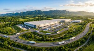 צילום אוויר של מרכז לוגיסטי מודרני מוקף גבעות ירוקות, עם משאיות תובלה נוסעות בכבישים המובילים אל מסופי ההטענה.